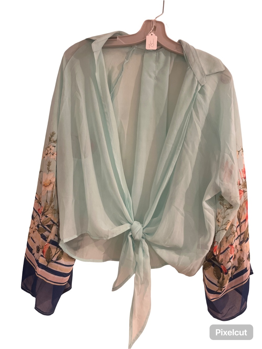Timing Mint Sheer Tie-Front Blouse with Floral Contrast Sleeves